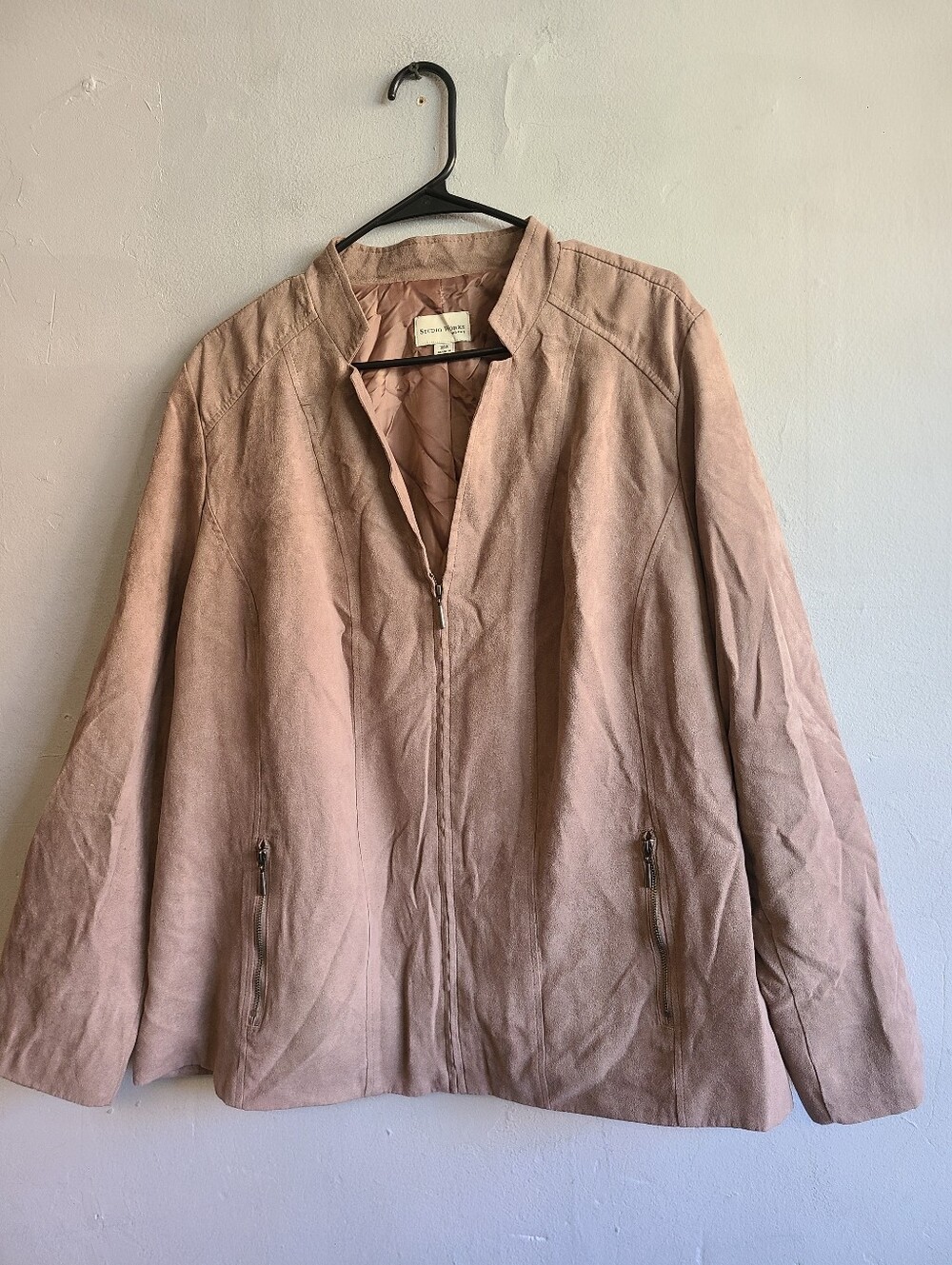 Women's XL large suede-feel zip blazer-style structured jacket, tan brown